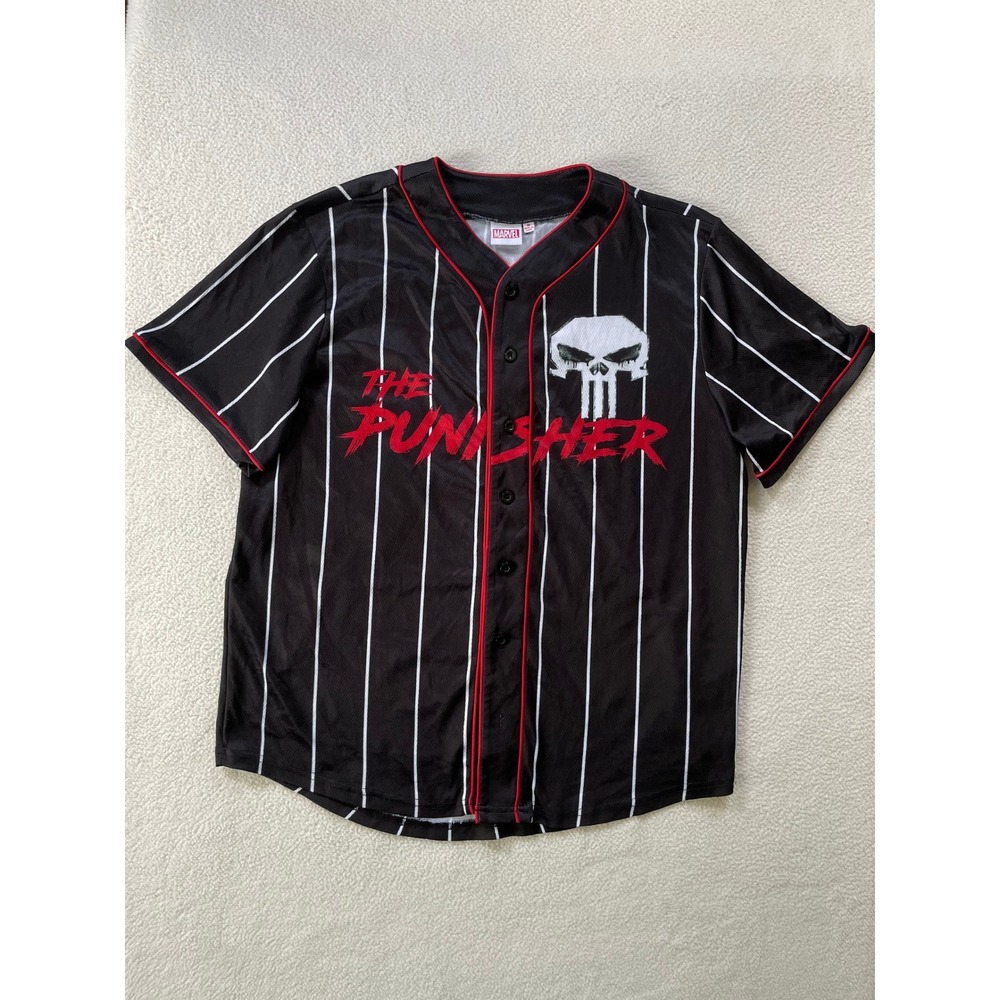 Marvel Mens Medium Baseball Jersey Black Pinstripe The Punisher Skull Graphic